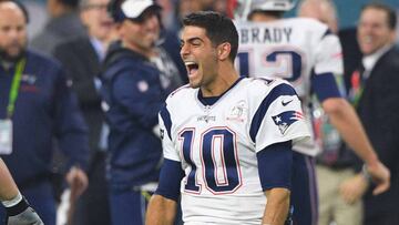 Feb 5, 2017; Houston, TX, USA; New England Patriots quarterback Jimmy Garoppolo (10) celebrates after a touchdown during the fourth quarter against the Atlanta Falcons during Super Bowl LI at NRG Stadium. Mandatory Credit: Bob Donnan-USA TODAY Sports