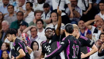 Soccer Football - Champions League - Semi Final - Second Leg - Real Madrid v Bayern Munich - Santiago Bernabeu, Madrid, Spain - May 8, 2024  Bayern Munich's Alphonso Davies celebrates scoring their first goal REUTERS/Juan Medina