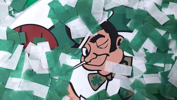 Confetti covers the Boston Celtics logo after Boston's 106-88 win against the Dallas Mavericks in Game Five of the 2024 NBA Finals at TD Garden on June 17, 2024 in Boston, Massachusetts.