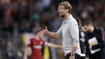 Liverpool coach Jurgen Klopp gestures during the Champions League semifinal second leg soccer match between Roma and Liverpool at the Olympic Stadium in Rome, Wednesday, May 2, 2018. (AP Photo/Alessandra Tarantino)