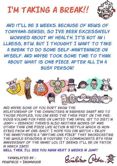 Eiichiro Oda explains the hiatus of ‘One Piece’ in a letter: “I’ve been excessively worried about my health”