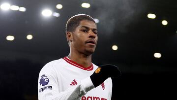 Soccer Football - Premier League - Wolverhampton Wanderers v Manchester United - Molineux Stadium, Wolverhampton, Britain - February 1, 2024 Manchester United's Marcus Rashford celebrates scoring their first goal REUTERS/Carl Recine NO USE WITH UNAUTHORIZED AUDIO, VIDEO, DATA, FIXTURE LISTS, CLUB/LEAGUE LOGOS OR 'LIVE' SERVICES. ONLINE IN-MATCH USE LIMITED TO 45 IMAGES, NO VIDEO EMULATION. NO USE IN BETTING, GAMES OR SINGLE CLUB/LEAGUE/PLAYER PUBLICATIONS.