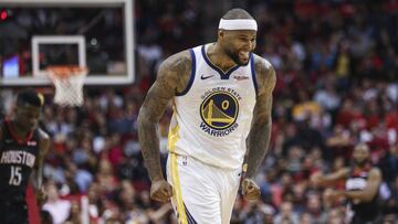 Mar 13, 2019; Houston, TX, USA; Golden State Warriors center DeMarcus Cousins (0) reacts after scoring during the fourth quarter against the Houston Rockets at Toyota Center. Mandatory Credit: Troy Taormina-USA TODAY Sports