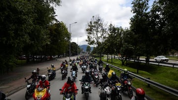 BOGOTA, COLOMBIA - OCTOBER 12: Motorcyclists hold a large demonstration to denounce some points related to the increase in gasoline, the Mandatory Traffic Accident Insurance (SOAT) and the stigma towards this union, in Bogota, Colombia on October 12, 2022. (Photo by VANNESSA JIMENEZ/Anadolu Agency via Getty Images)