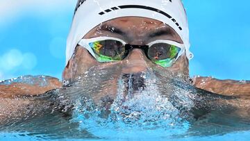Mexico's Miguel Alejandro De Lara Ojeda competes in a heat of the men's 100m breaststroke swimming event at the Paris 2024 Olympic Games at the Paris La Defense Arena in Nanterre, west of Paris, on July 27, 2024. (Photo by Jonathan NACKSTRAND / AFP)