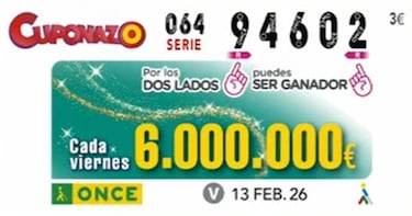 Cuponazo de la ONCE: comprobar los resultados del sorteo hoy, viernes 13 de febrero