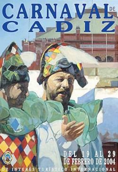 Un óleo que retrata a dos veteranos coristas ataviados como pierrots, con la silueta del Gran Teatro Falla elevándose al fondo.