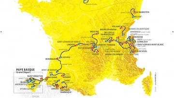 This handout image released on October 27, 2022, by Amaury Sport Organisation (ASO) shows the map of the official route of the 2023 edition of the men's Tour de France cycling race. (Photo by Handout / ASO / AFP) / RESTRICTED TO EDITORIAL USE - MANDATORY CREDIT "AFP PHOTO/ ASO" - NO MARKETING NO ADVERTISING CAMPAIGNS - DISTRIBUTED AS A SERVICE TO CLIENTS