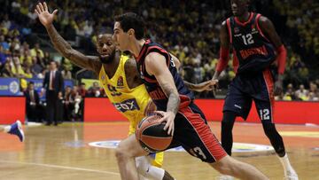 TAV04. TEL AVIV (ISRAEL), 19/10/2017.- El jugador Luca Vildoza (c-d) de Baskonia Vitoria Gasteiz disputa el bal&oacute;n con Pierre Jackson (c-i) de Maccabi Fox Tel Aviv hoy, jueves 19 de octubre de 2017, durante un juego entre Maccabi Fox Tel Aviv y Baskonia Vitoria Gasteiz de la Euroliga que se disputa en Tel Aviv (Israel). EFE/JIM HOLLANDER