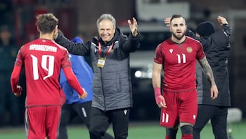 Soccer Football - World Cup Qualifiers Europe - Group J - Armenia v Iceland - Vazgen Sargsyan Republican Stadium, Yerevan, Armenia - March 28, 2021 Armenia coach Joaquin Caparros celebrates after the match with Hovhannes Hambardzumyan Photolure via REUTER