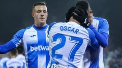 LEGANES, SPAIN - DECEMBER 08: Oscar Rodriguez of Leganes celebrates his second goal of the match with Youssef En-Nesyri of Leganes during La Liga football match,  played between Leganes and Celta de Vigo at Butarque stadium on December 08, 2019 in Leganes