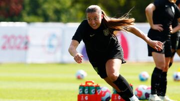 TEDDINGTON, ENGLAND - JULY 19: Fran Kirby of England runs with the ball during the UEFA Women's Euro England 2022 England press conference and training session at The Lensbury on July 19, 2022 in Teddington, England. (Photo by Ker Robertson/Getty Images)