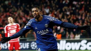Soccer Football - Champions League - Knockout Phase Playoff - First Leg - Brest v Paris St Germain - Stade de Roudourou, Guingamp, France - February 11, 2025 Paris St Germain's Ousmane Dembele celebrates scoring their second goal  REUTERS/Stephane Mahe