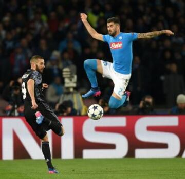 Elseid Hysaj flies towards Benzema.