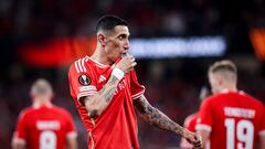 Lisbon (Portugal), 11/04/2024.- Benfica player Di Maria celebrates after scoring a goal during the UEFA Europe League quarter-final first leg soccer match between Benfica and Olympique de Marseille held at Luz Stadium, in Lisbon, Portugal, 11 April 2024. (Lisboa, Marsella) EFE/EPA/FILIPE AMORIM
