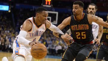 Dec 19, 2016; Oklahoma City, OK, USA; Oklahoma City Thunder guard Russell Westbrook (0) drives to the basket in front of Atlanta Hawks forward Thabo Sefolosha (25) during the second quarter at Chesapeake Energy Arena. Mandatory Credit: Mark D. Smith-USA TODAY Sports