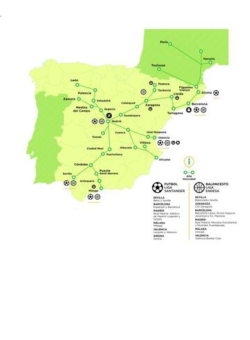 Red del AVE y ciudades que tienen equipos en la Liga Santander y Liga Endesa.