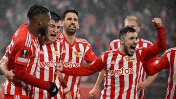 Union Berlin's Croatian defender Josip Juranovic (R) celebrates with team mates his 1-1 during the UEFA Europa League round of 16, 1st-leg football match between FC Union Berlin and Union Saint-Gilloise in Berlin, on March 9, 2023. (Photo by Tobias SCHWARZ / AFP) (Photo by TOBIAS SCHWARZ/AFP via Getty Images)