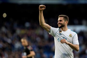 El defensa del Real Madrid, José Ignacio Fernández "Nacho" celebra su segundo gol ante el Deportivo