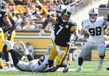 Sep 19, 2021; Pittsburgh, Pennsylvania, USA; Pittsburgh Steelers quarterback Ben Roethlisberger is sacked during the second quarter by Las Vegas Raiders defensive tackle Solomon Thomas at Heinz Field. Mandatory Credit: Philip G. Pavely-USA TODAY Sports