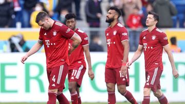 SINSHEIM, GERMANY - MARCH 12: Niklas Suele of FC Bayern Muenchen looks on dejected after the Bundesliga match between TSG Hoffenheim and FC Bayern M&uuml;nchen at PreZero-Arena on March 12, 2022 in Sinsheim, Germany. (Photo by Alex Grimm/Getty Images)