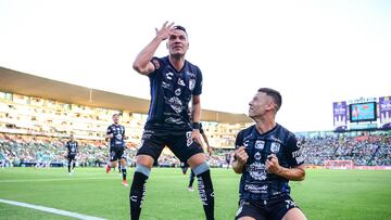  Pablo Barrera celebrates his goal 0-2 with Federico Lertora of Queretaro during the 14th round match between Leon and Queretaro as part of the Torneo Clausura 2024 Liga BBVA MX at Nou Camp, Leon Stadium on April 06, 2024 in Leon, Guanajuato, Mexico.