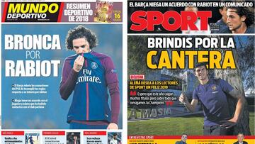 Portadas de Mundo Deportivo y Sport del 31 de diciembre de 2018 con Adrien Rabiot y Carles Ale&ntilde;&aacute; como protagonistas.