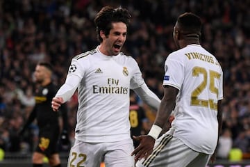 Bright spark | Real Madrid's Spanish midfielder Isco celebrates his goal with Brazilian forward Vinicius.