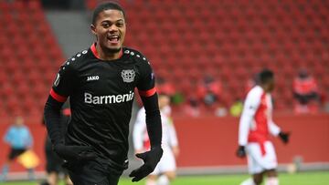 Bayer Leverkusen&#039;s Jamaican forward Leon Bailey celebrates scoring the opening goal during the UEFA Europa League Group C football match between Bayer 04 Leverkusen and SK Slavia Prague in Leverkusen, western Germany, on December 10, 2020. (Photo by 