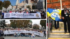 Pe&ntilde;as Madridistas La Gran Familia, de Macedonia y de El Aai&uacute;n, en diferentes escenarios de Estambul, donde acudieron a presenciar el Galatasaray-Real Madrid.