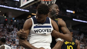 MINNEAPOLIS, MINNESOTA - MAY 06: Anthony Edwards #5 of the Minnesota Timberwolves reacts in front of Draymond Green #23 of the Golden State Warriors during the third quarter in Game One of the Western Conference Second Round NBA Playoffs at Target Center on May 06, 2025 in Minneapolis, Minnesota. NOTE TO USER: User expressly acknowledges and agrees that, by downloading and or using this photograph, User is consenting to the terms and conditions of the Getty Images License Agreement. David Berding/Getty Images/AFP (Photo by David Berding / GETTY IMAGES NORTH AMERICA / Getty Images via AFP)