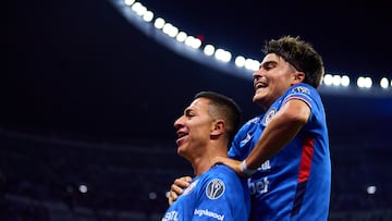 Andres Montano celebrates his goal 4-1 with Luka Romero of Cruz Azul during the 17th round match between Cruz Azul and Necaxa as part of the Liga BBVA MX Varonil, Torneo Clausura 2026 at Banorte (Azteca) Stadium, on April 26, 2026 in Mexico City, Mexico.