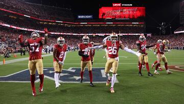SANTA CLARA, CALIFORNIA - OCTOBER 08: San Francisco 49ers defenders celebrate after an interception by Tashaun Gipson Sr. #31 during the third quarter against the Dallas Cowboys at Levi's Stadium on October 08, 2023 in Santa Clara, California.   Ezra Shaw/Getty Images/AFP (Photo by EZRA SHAW / GETTY IMAGES NORTH AMERICA / Getty Images via AFP)