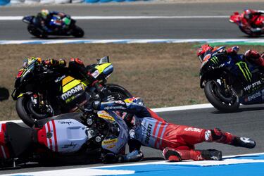 Ducati Spanish rider Alex Marquez crashes during the sprint race of the MotoGP Spanish Grand Prix at the Jerez racetrack in Jerez de la Frontera on April 29, 2023. (Photo by JORGE GUERRERO / AFP)