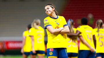 Angelique Saldivar celebrates her goal 1-4 of America during the Quarterfinal first leg match between Guadalajara and America as part of the Liga BBVA MX Femenil, Torneo Apertura 2024 at Akron Stadium on November 08, 2024 in Guadalajara, Jalisco, Mexico.
