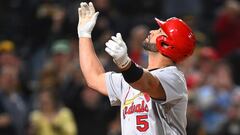PITTSBURGH, PA - OCTOBER 03: Albert Pujols #5 of the St. Louis Cardinals celebrates his two-run home run during the sixth inning against the Pittsburgh Pirates at PNC Park on October 3, 2022 in Pittsburgh, Pennsylvania.   Joe Sargent/Getty Images/AFP