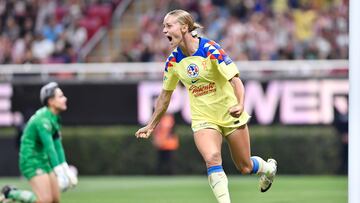 Sarah Luebbert celebrates her goal 0-1 with Karen Luna of America during the Quarterfinals first leg match between Guadalajara and America as part of the Torneo Clausura 2024 Liga MX Femenil at Akron Stadium, on May 09, 2024 in Guadalajara, Jalisco, Mexico.