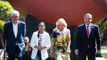 (L-R) Arturo Olive, Managing Director of NFL Mexico, Diana Flores, Quarterback of the Mexico Women National Flag Football Team, US First Lady Jill Biden, and Luis Fernandez, Head of the Federal Education Authority in Mexico, attend the Tochito NFL flag Football event in Mexico City on January 9, 2023. - Tochito NFL is the National League´s Flag Football program for children and youth in Mexico that promotes gender equality and girl´s empowerment. (Photo by Rodrigo Oropeza / AFP) (Photo by RODRIGO OROPEZA/AFP via Getty Images)