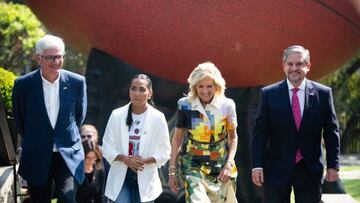 (L-R) Arturo Olive, Managing Director of NFL Mexico, Diana Flores, Quarterback of the Mexico Women National Flag Football Team, US First Lady Jill Biden,  and Luis Fernandez, Head of the Federal Education Authority in Mexico, attend the Tochito NFL flag Football event in Mexico City on January 9, 2023. - Tochito NFL is the National League´s Flag Football program for children and youth in Mexico that promotes gender equality and girl´s empowerment. (Photo by Rodrigo Oropeza / AFP) (Photo by RODRIGO OROPEZA/AFP via Getty Images)