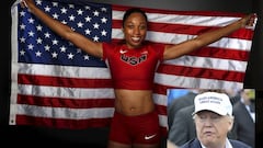 Allyson Felix y, debajo, Donald Trump.