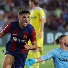 Barcelona's Spanish midfielder #08 Pedri celebrates scoring his team's first goal during the Spanish Liga football match between FC Barcelona and Cadiz CF at the Lluis Companys Olimpic Stadium in Barcelona on August 20, 2023. (Photo by LLUIS GENE / AFP)