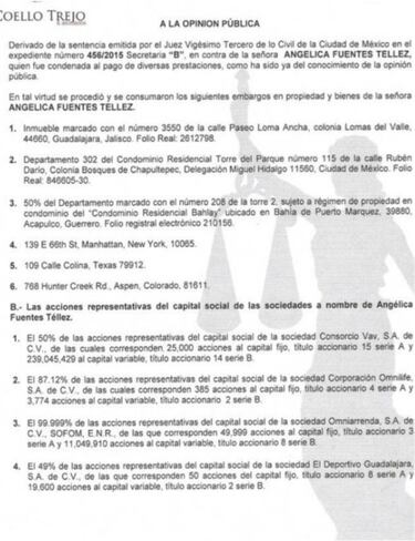 Angélica Fuentes sufre embargo de propiedades y bienes