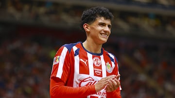 Richard Ledezma of Guadalajara during the 6th round match between Guadalajara and America as part of the Liga BBVA MX, Torneo Clausura 2026 at Akron Stadium, on February 14, 2026 in Guadalajara, Jalisco, Mexico.