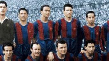 <b>EL BARÇA DE LAS CINCO COPAS. </b>Arriba: Ramallets, Seguer, Biosca, Segarra, Flotats y Bosch; abajo: Basora, César, Kubala, Moreno y Manchón.