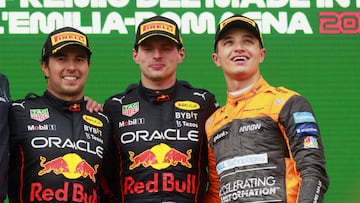 AUTODROMO INTERNAZIONALE ENZO E DINO FERRARI, ITALY - APRIL 24: Sergio Perez, Red Bull Racing, 2nd position, Max Verstappen, Red Bull Racing, 1st position, and Lando Norris, McLaren, 3rd position, on the podium during the Emilia Romagna GP at Autodromo In