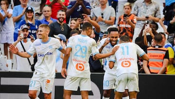 El Marsella celebrando uno de los goles de la victoria ante Le Havre