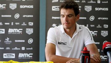 Cycling - Tour de France - Rest day - Aix-les-Bains, France, July 16, 2018. BMC Racing Team rider Greg Van Avermaet of Belgium looks at his yellow jersey during the press conference.  REUTERS/Emmanuel Foudrot