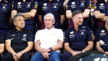 Masashi Yamamoto, Helmut Marko y Christian Horner en el Gran Premio de Abu Dhabi 2021.