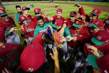 Randy Arozarena #56 of Team Mexico celebrates with teammates after Team Mexico defeated Team Canada in Game 9 of Pool C at Chase Field on Wednesday, March 15, 2023 in Phoenix, Arizona.