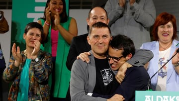 Left-wing separatist EH Bildu party candidate for Basque premier Pello Otxandiano and party president Arnaldo Otegi celebrate following Basque Country regional elections, in Bilbao, Spain, April 21, 2024. EH Bildu won 27 seats of the 75 seat parliament. REUTERS/Vincent West